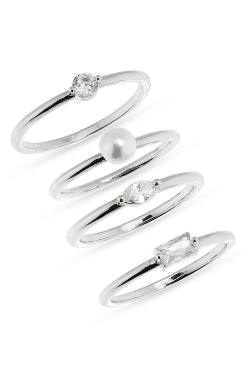 Four-Piece CZ & Faux Pearl Ring Set