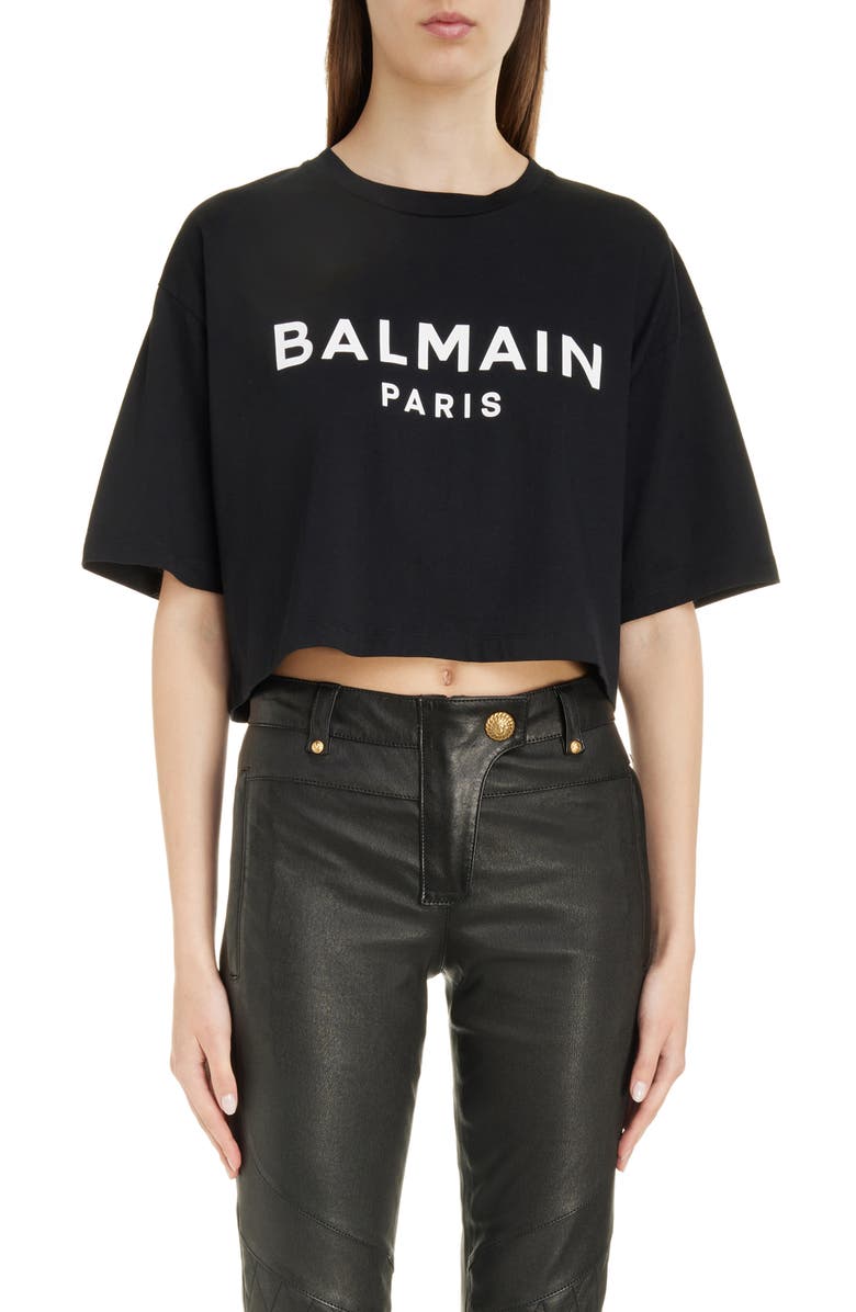 Balmain Logo Crop Cotton Graphic T-Shirt, Main, color, Eab Black/ White