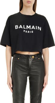 Balmain Logo Crop Cotton Graphic T-Shirt