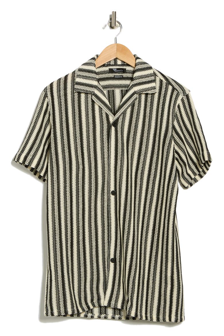 Textured Stripe Knit Short Sleeve Button-Up Shirt, Alternate, color, BLACK