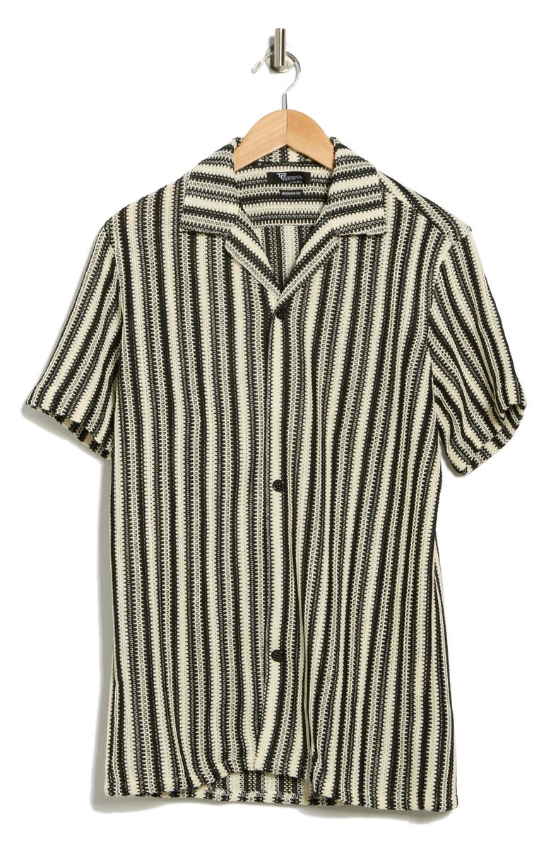 T.R. PREMIUM Textured Stripe Knit Short Sleeve Button-Up Shirt, Alternate, color, Black