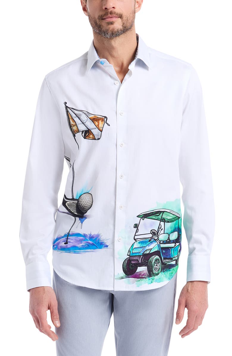 Robert Graham Genesis Golf Print Button-Up Shirt, Main, color, White