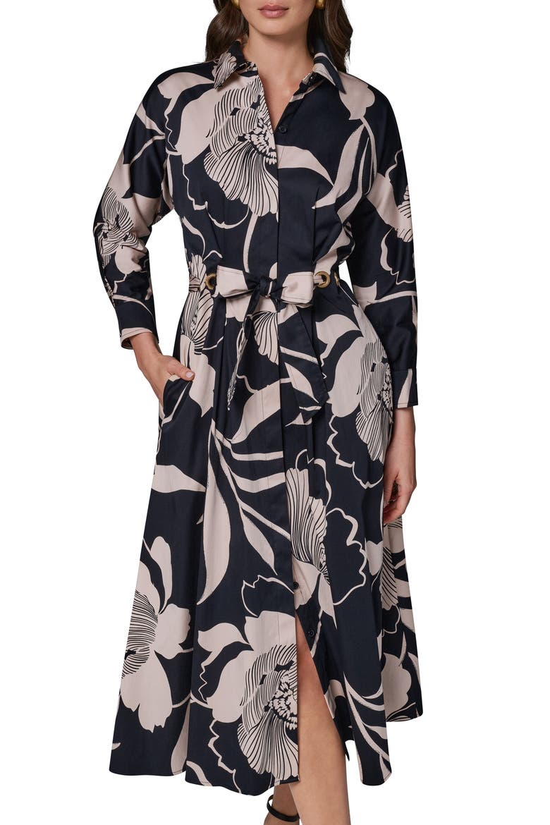 Floral Long Sleeve Fit & Flare Shirtdress, Alternate, color, BLACK/ OAT MULTI