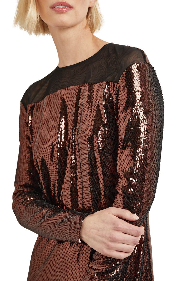 Sheer Inset Long Sleeve Sequin Cocktail Dress, Alternate, color, MAHOGANY