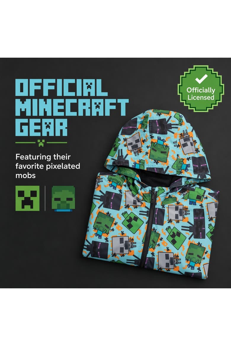 Hooded Zip-up Rain Jacket (little Kid & Big Kid), Alternate, color, Minecraft Light Blue