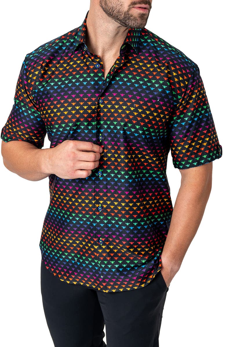Maceoo Galileo Beerainbow Black Short Sleeve Button-Up Shirt, Alternate, color, Black