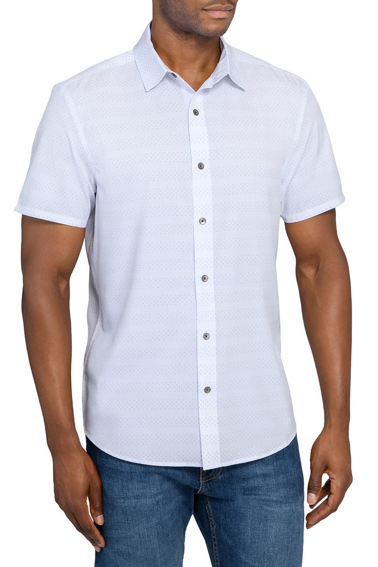 Slim Fit Micro Geo Short Sleeve Performance Button-Up Shirt, Main, color, WHITE