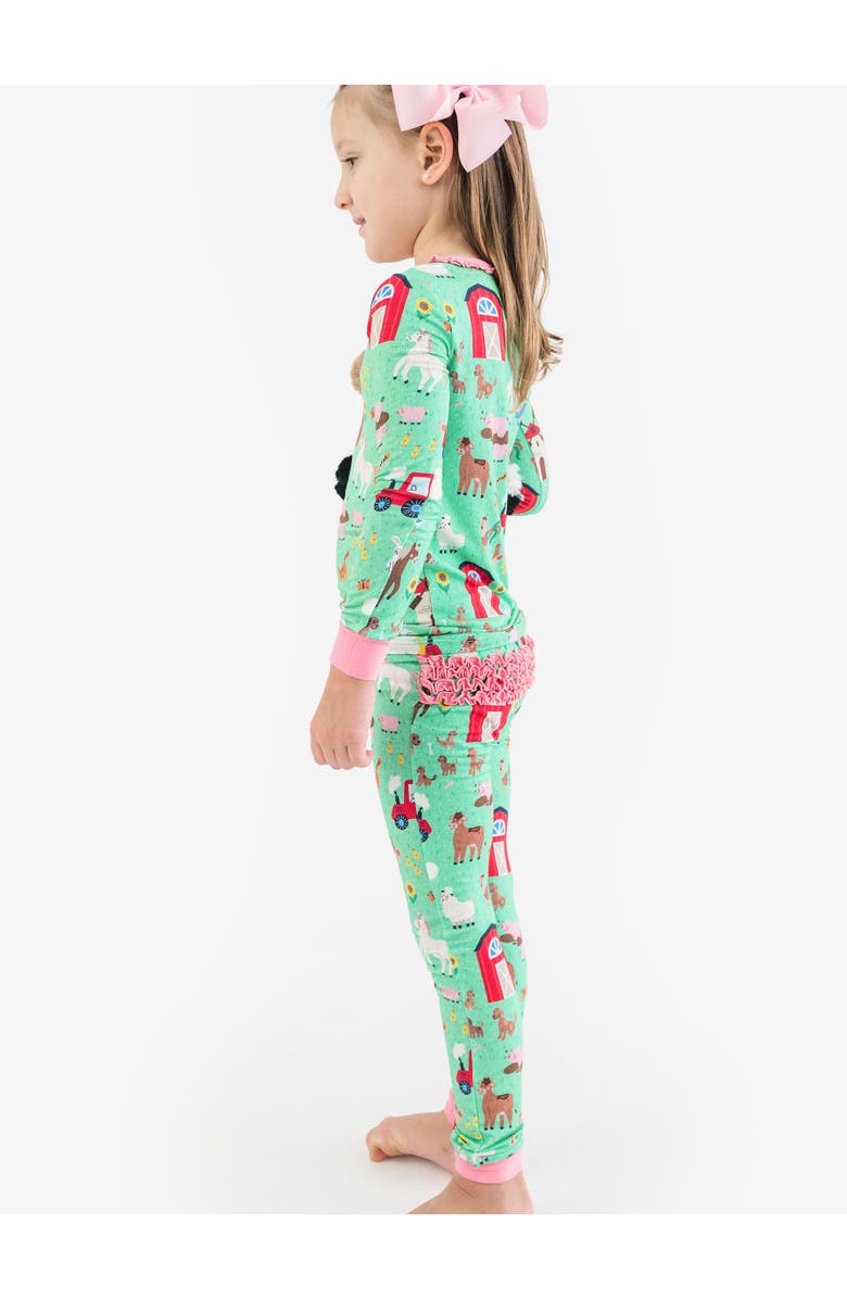 RuffleButts SoftSnooze Ruffle Long Sleeve Pajama Set, Signature Rear Ruffles, Alternate, color, Farm Friends