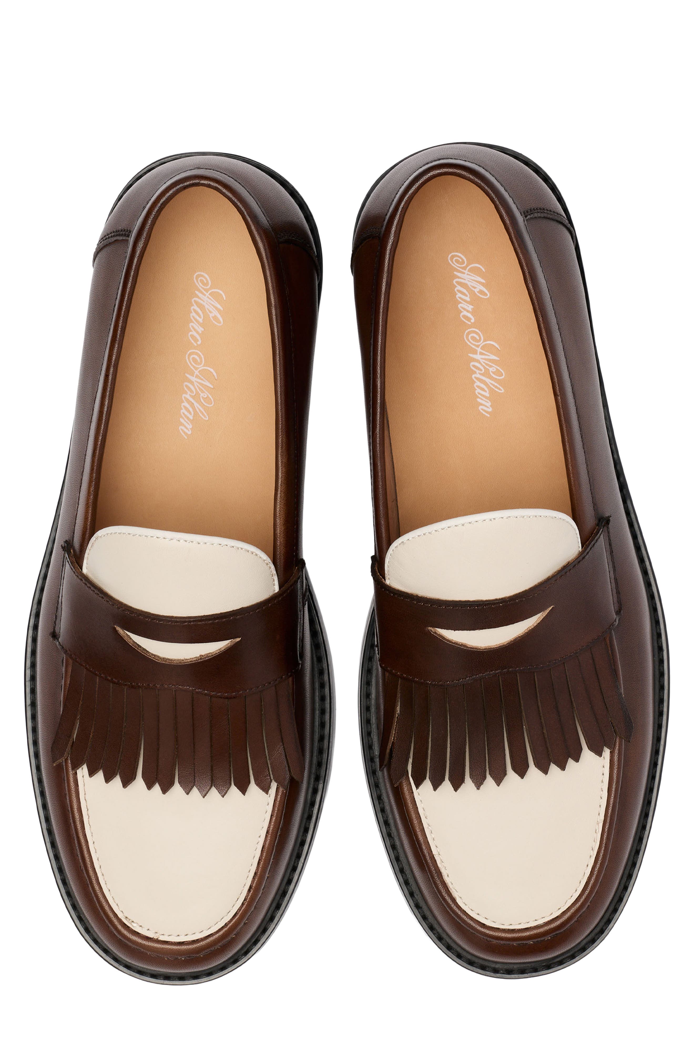 MARC NOLAN Clint Fringe Penny Loafer, Alternate, color, Brown/ White