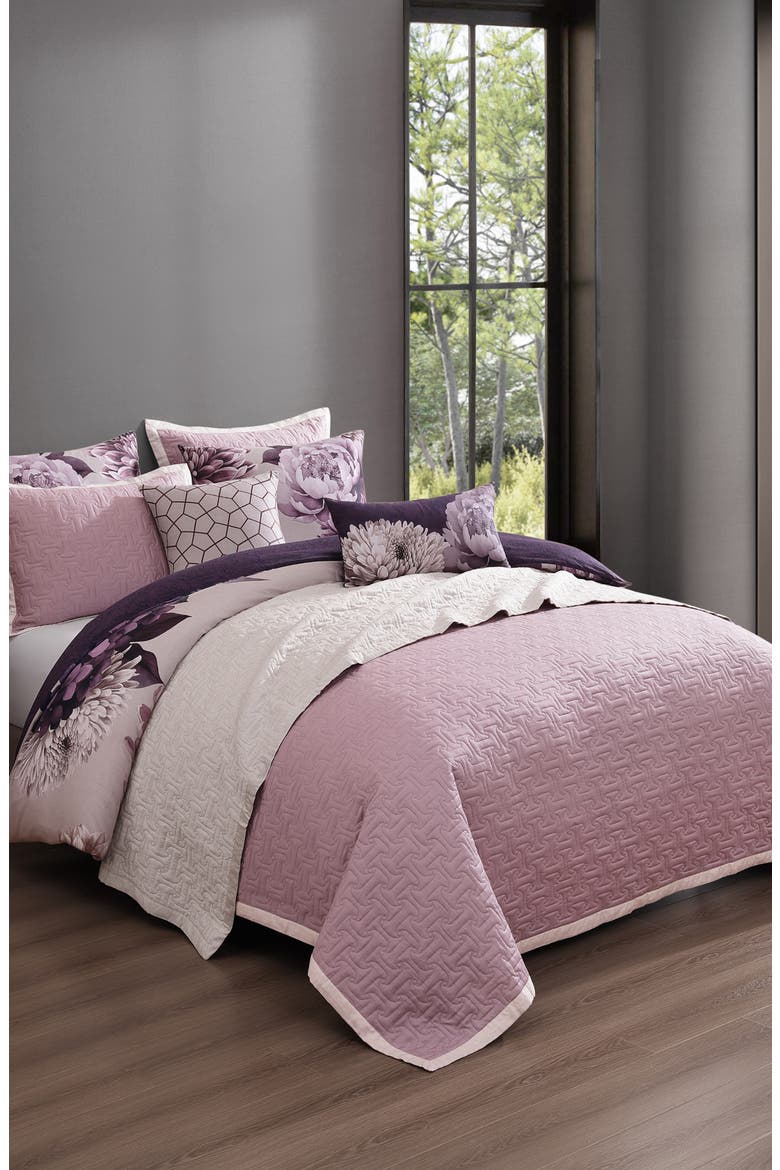 Plum Petal Print 8-Piece Reversible Comforter Set, Alternate, color, PURPLE