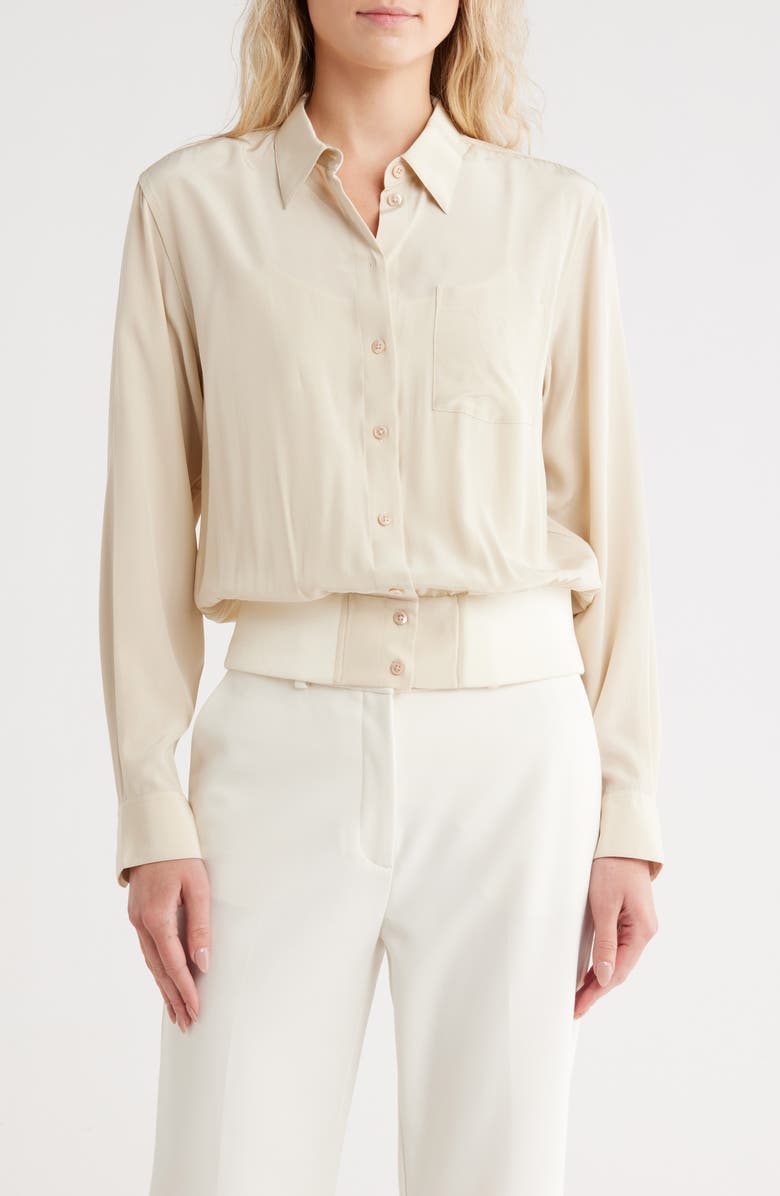 Helmut Lang Bomber Crinkle Long Sleeve Silk Shirt, Main, color, Oat