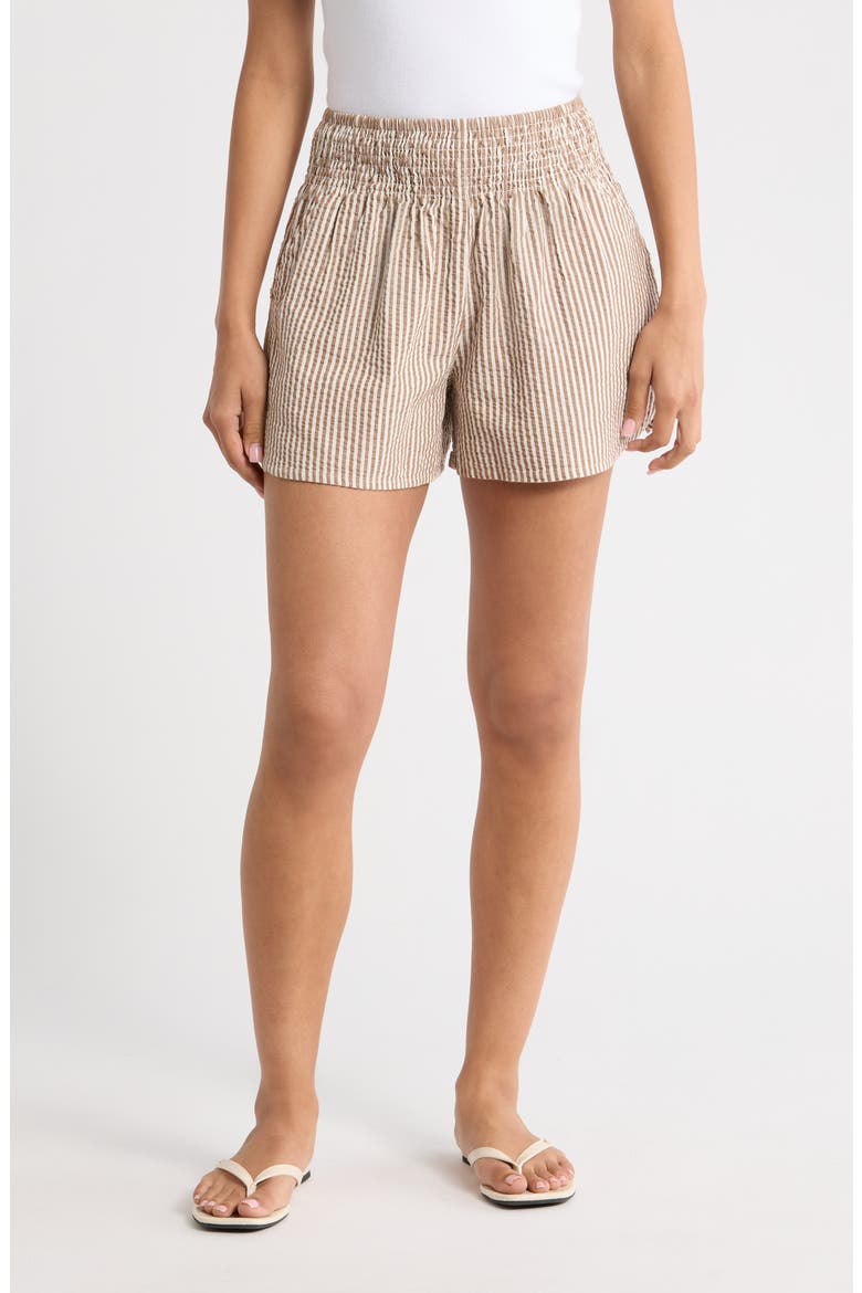 Isla Stripe Cotton & Kapok Seersucker Shorts, Main, color, MOCHA STRIPE