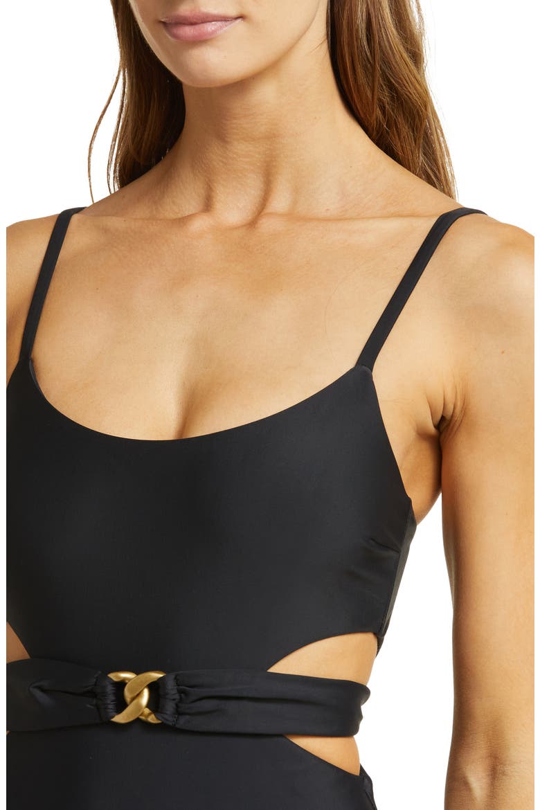 Luxe Link Belted One-Piece Swimsuit, Alternate, color, BLACK