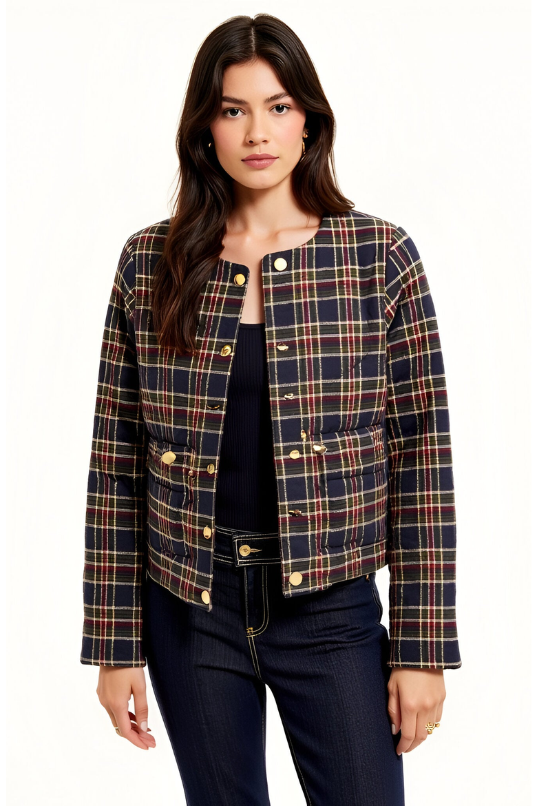 Plaid Cropped Gold Button Closure Patch Pocket Jacket, Main, color, Navy Plaid