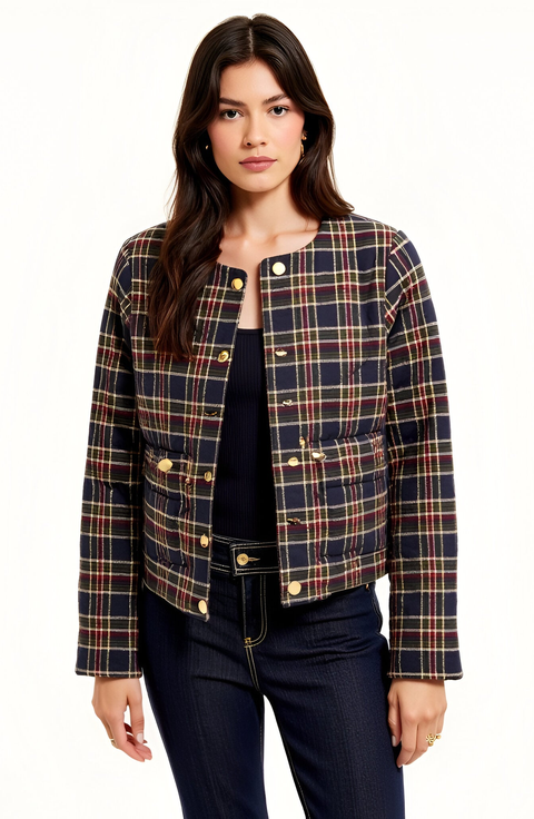 Plaid Cropped Gold Button Closure Patch Pocket Jacket