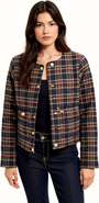 Modenaire Plaid Cropped Gold Button Closure Patch Pocket Jacket