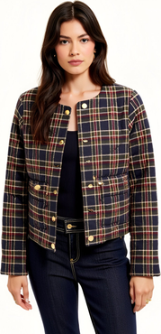Modenaire Plaid Cropped Gold Button Closure Patch Pocket Jacket
