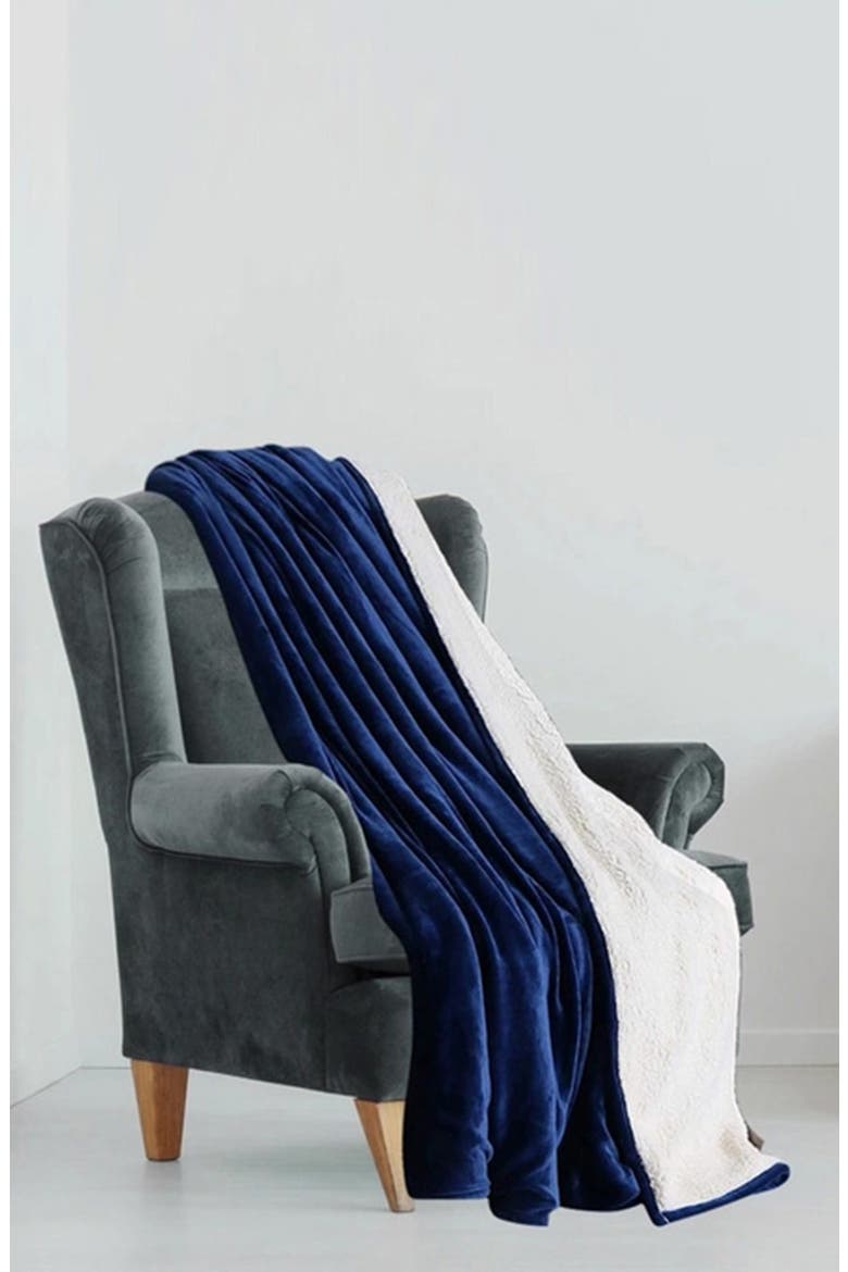 Plush Fleece & Faux Shearling Throw Blanket, Alternate, color, NAVY