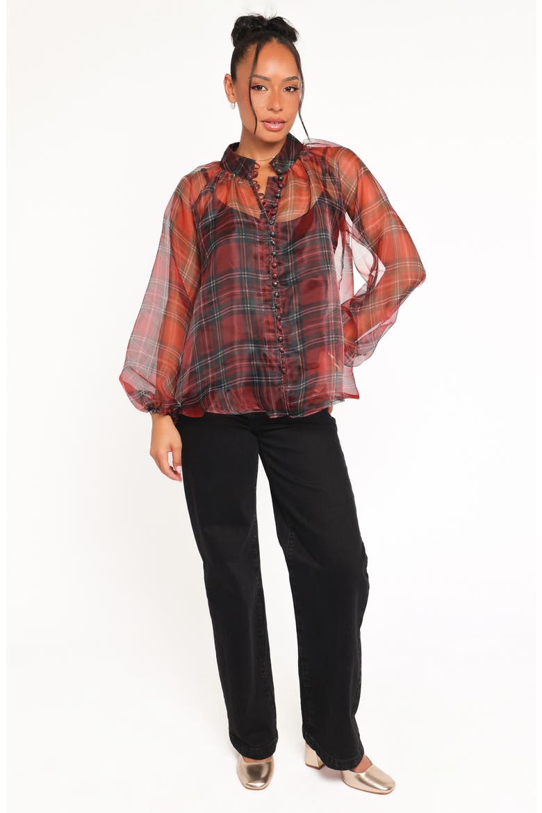 Marni Plaid Organza Button-Up Shirt, Alternate, color, RED PLAID