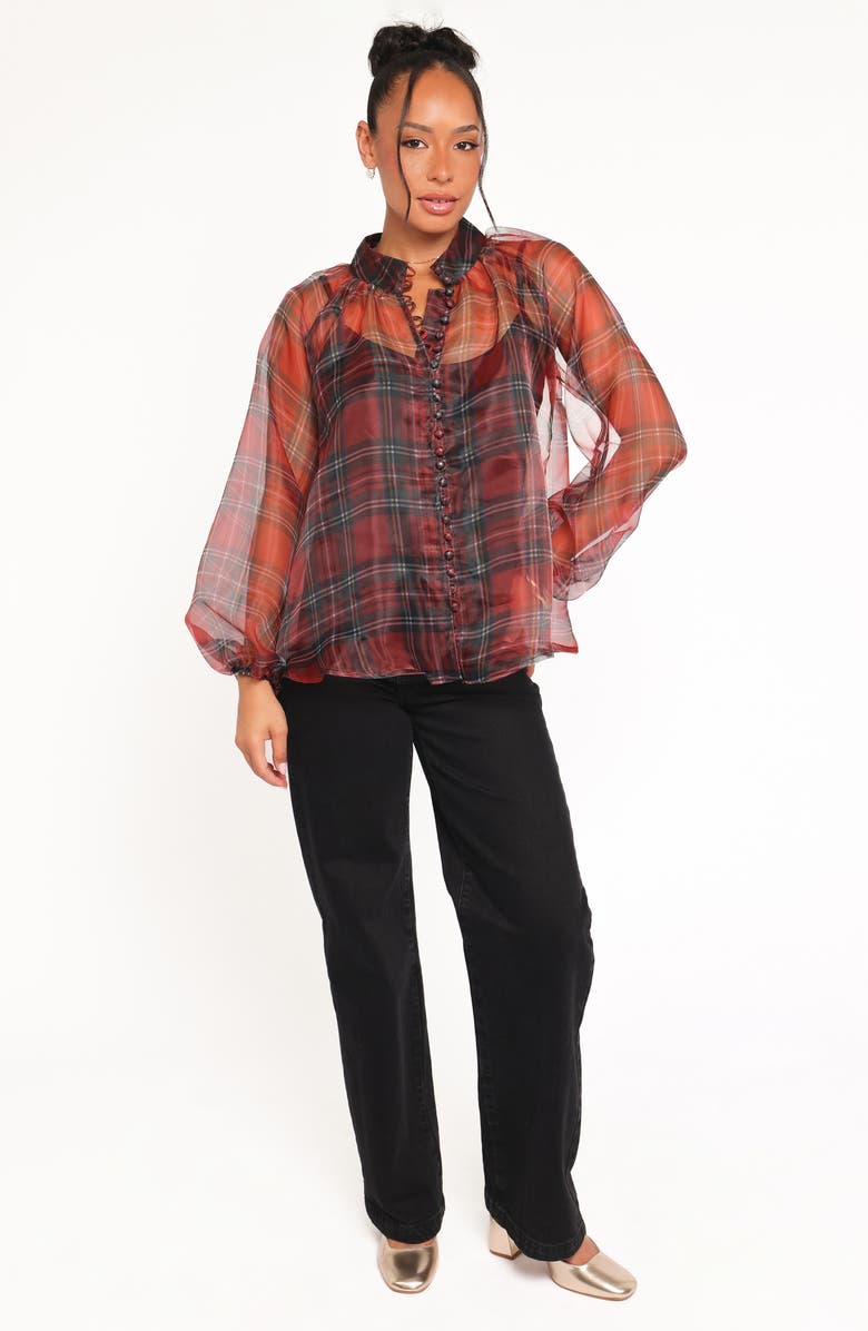 Petal & Pup Marni Plaid Organza Button-Up Shirt, Alternate, color, Red Plaid