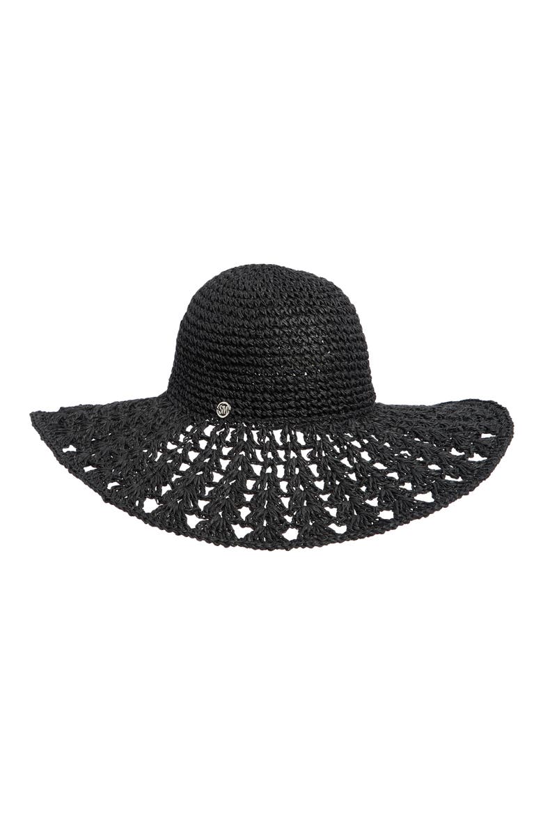 Textural Straw Crochet Floppy Hat, Main, color, BLACK