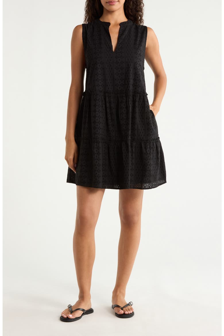 Eyelet Tiered Sleeveless Cover-Up Minidress, Main, color, BLACK