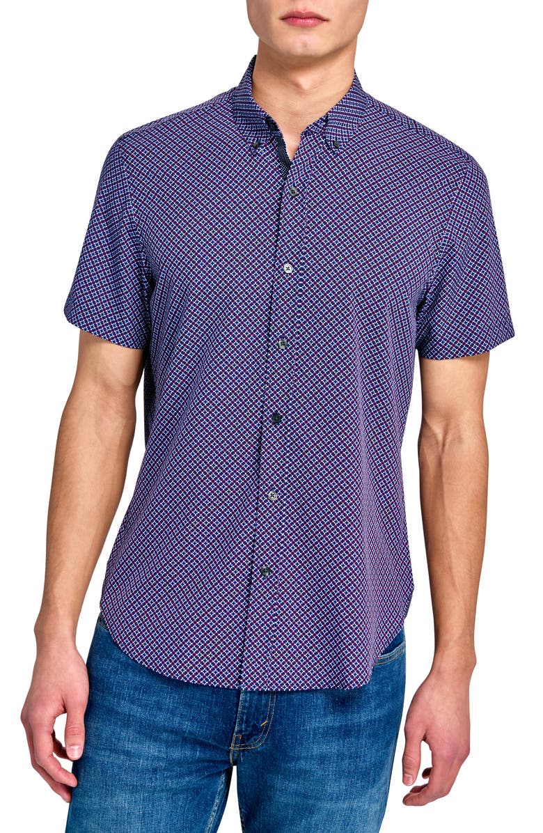 CONSTRUCT Geo Short Sleeve Woven Button Down Shirt, Main, color, Navy/ Red