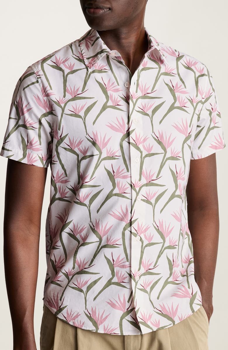 Bonobos Riviera Slim Fit Point Collar Short Sleeve Stretch Cotton Button-Up Shirt, Main, color, Birds Of Paradise