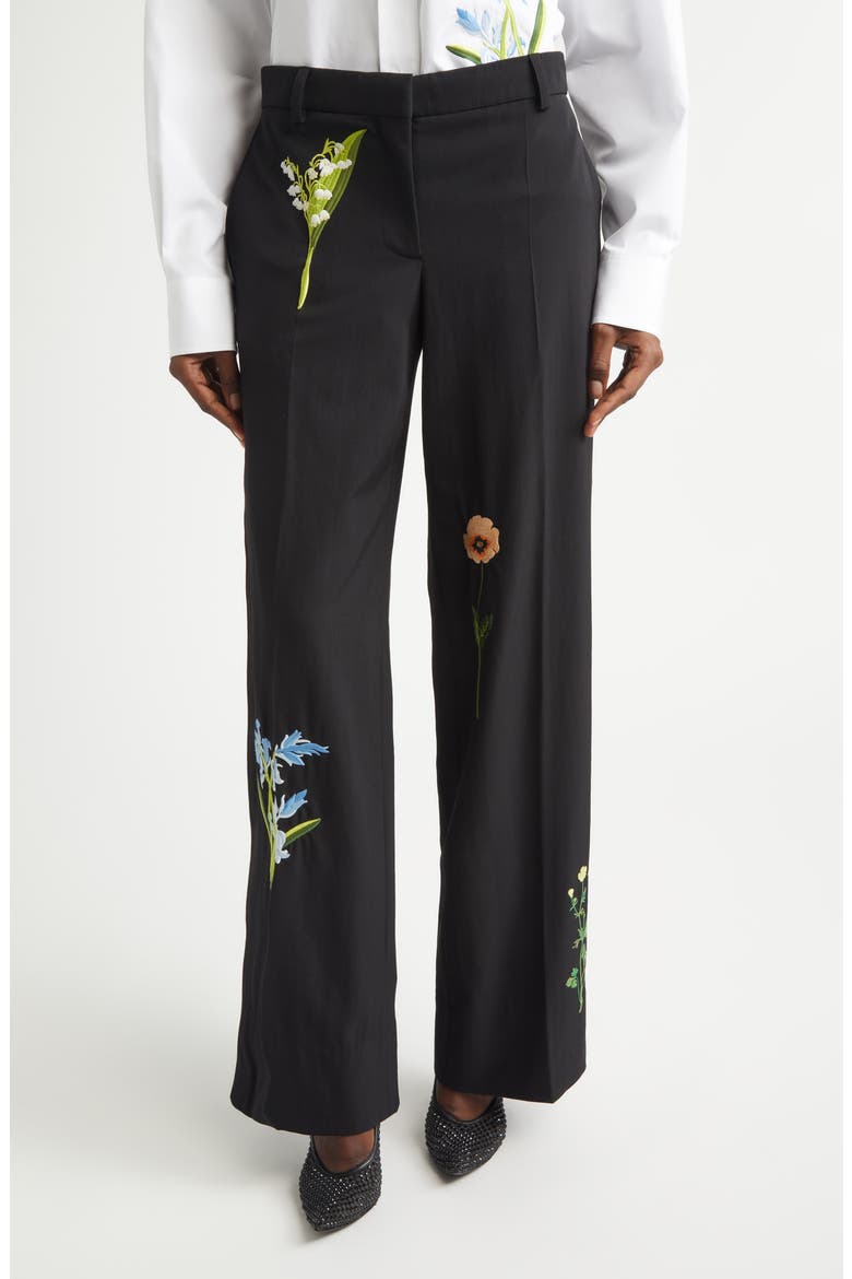 Embroidered Wool Straight Leg Pants, Main, color, BLACK