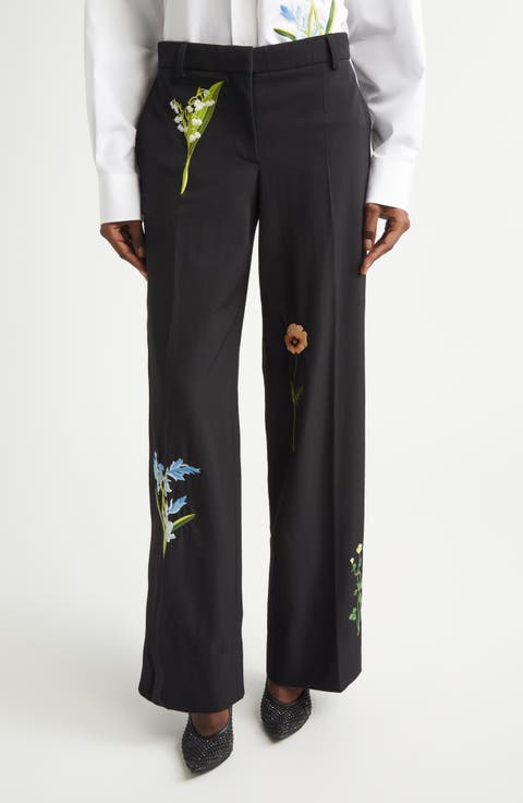 Embroidered Wool Straight Leg Pants