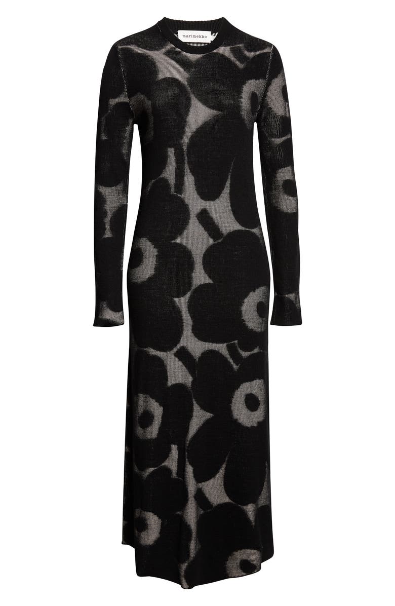 Marimekko Laatia Unikko Long Sleeve Rib Wool Blend Sweater Dress, Alternate, color, Black Light Pink