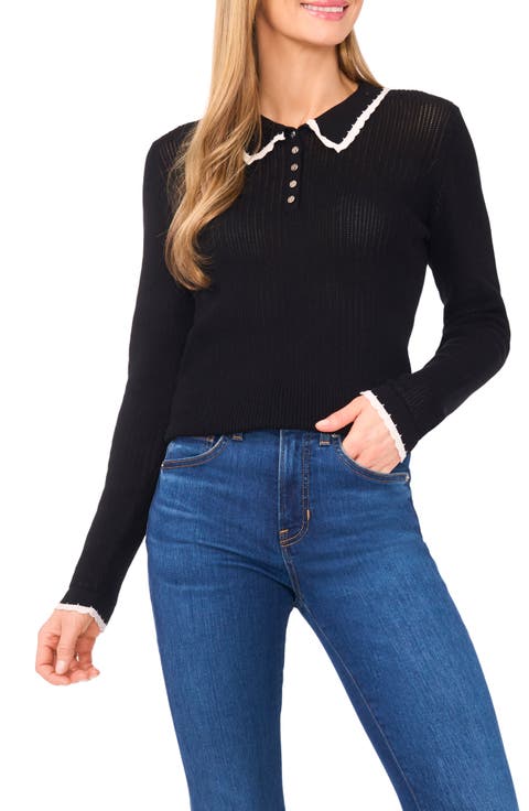 Contrast Trim Pointelle Cotton Polo Sweater