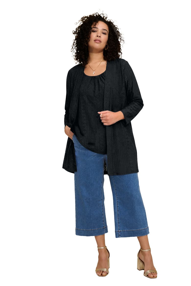 Plus Size Eyelet Long Sleeve Cardigan & Tank Set, Main, color, BLACK