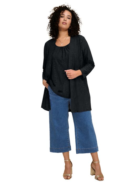 Plus Size Eyelet Long Sleeve Cardigan & Tank Set