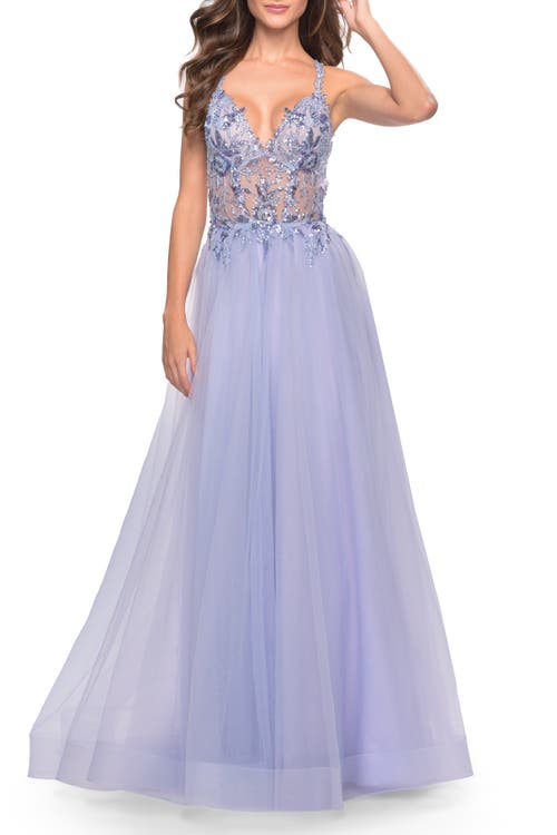 La Femme Tulle A-line Gown With Sheer Bodice And Beaded Lace Detail In Light Periwinkle