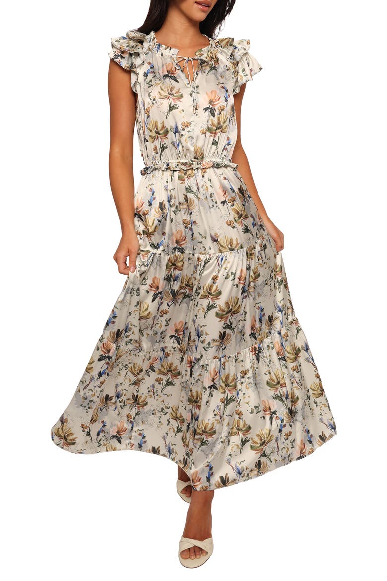 Lizzie Floral Cap Sleeve Tiered Maxi Dress, Main, color, CREAM FLORAL