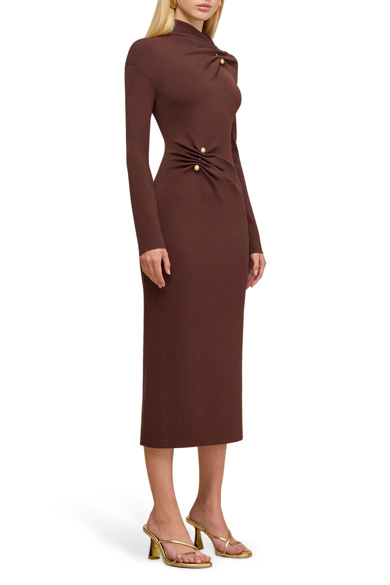 Vera Ruched Mock Neck Long Sleeve Midi Dress, Alternate, color, JAVA