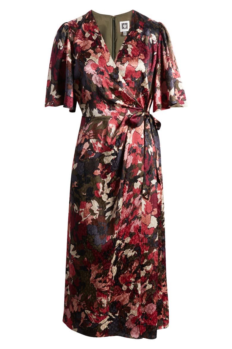 Flora Print Flutter Sleeve Faux Wrap Dress, Alternate, color, KELP COMBO