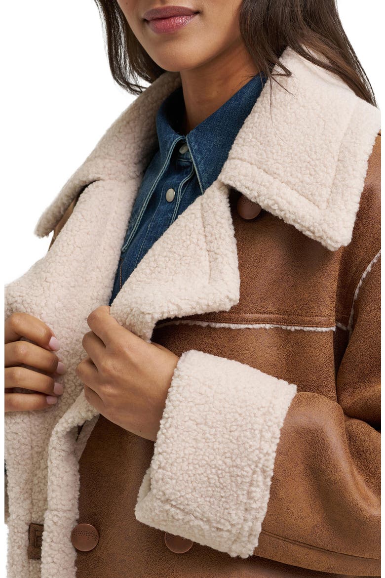Faux Leather Coat with Faux Shearling Trim, Alternate, color, MEDIUM BROWN