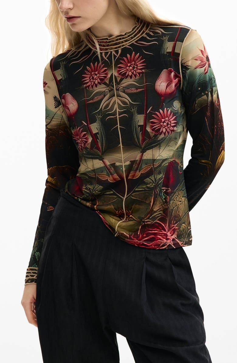 Desigual Floral Print Long Sleeve T-Shirt, Main, color, Black