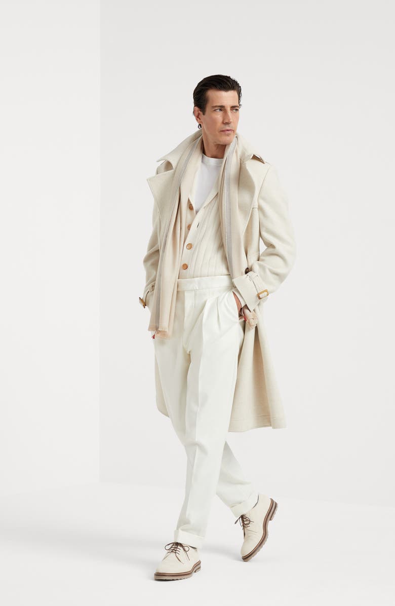 Brunello Cucinelli Wool and cashmere diagonal scarf with striped edge, Alternate, color,