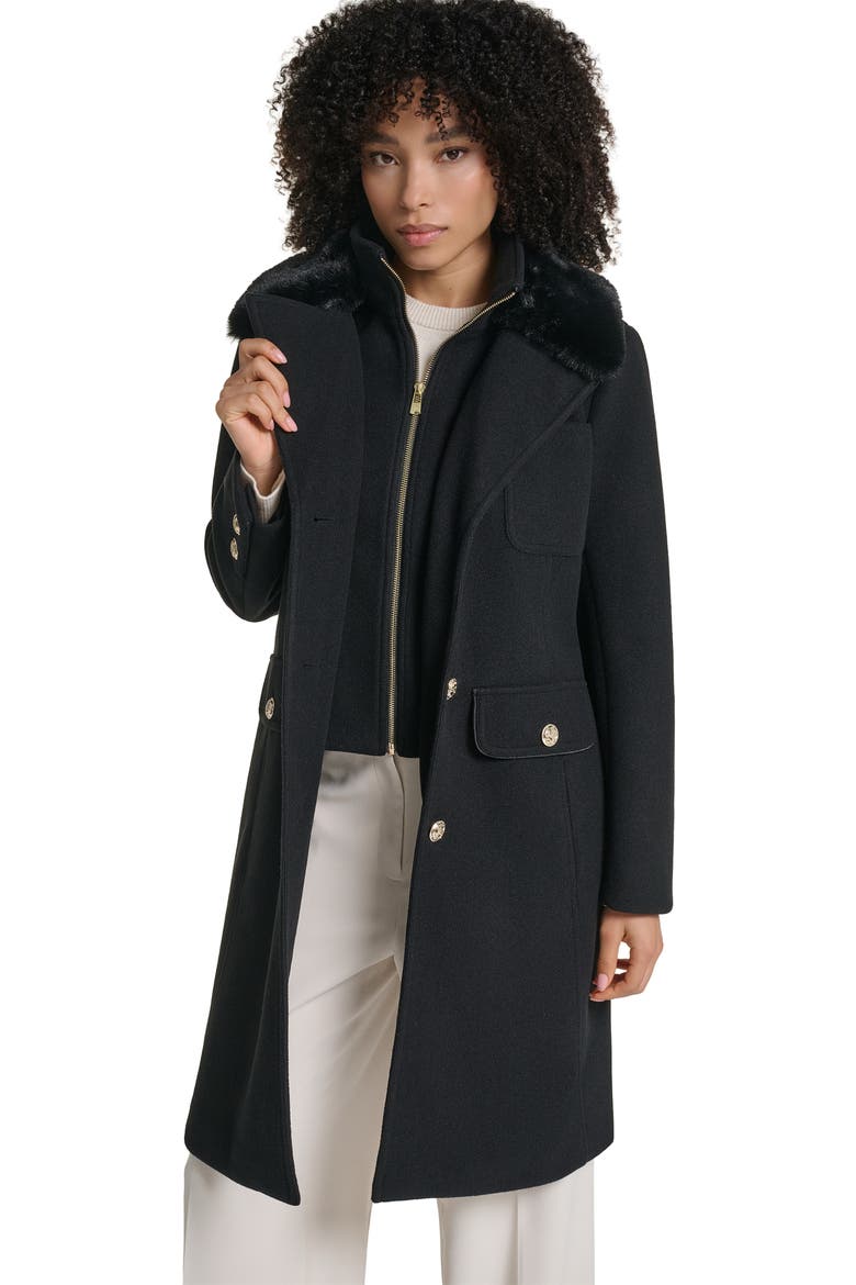 Faux Fur Collar Walker Coat with Bib, Alternate, color, BLACK