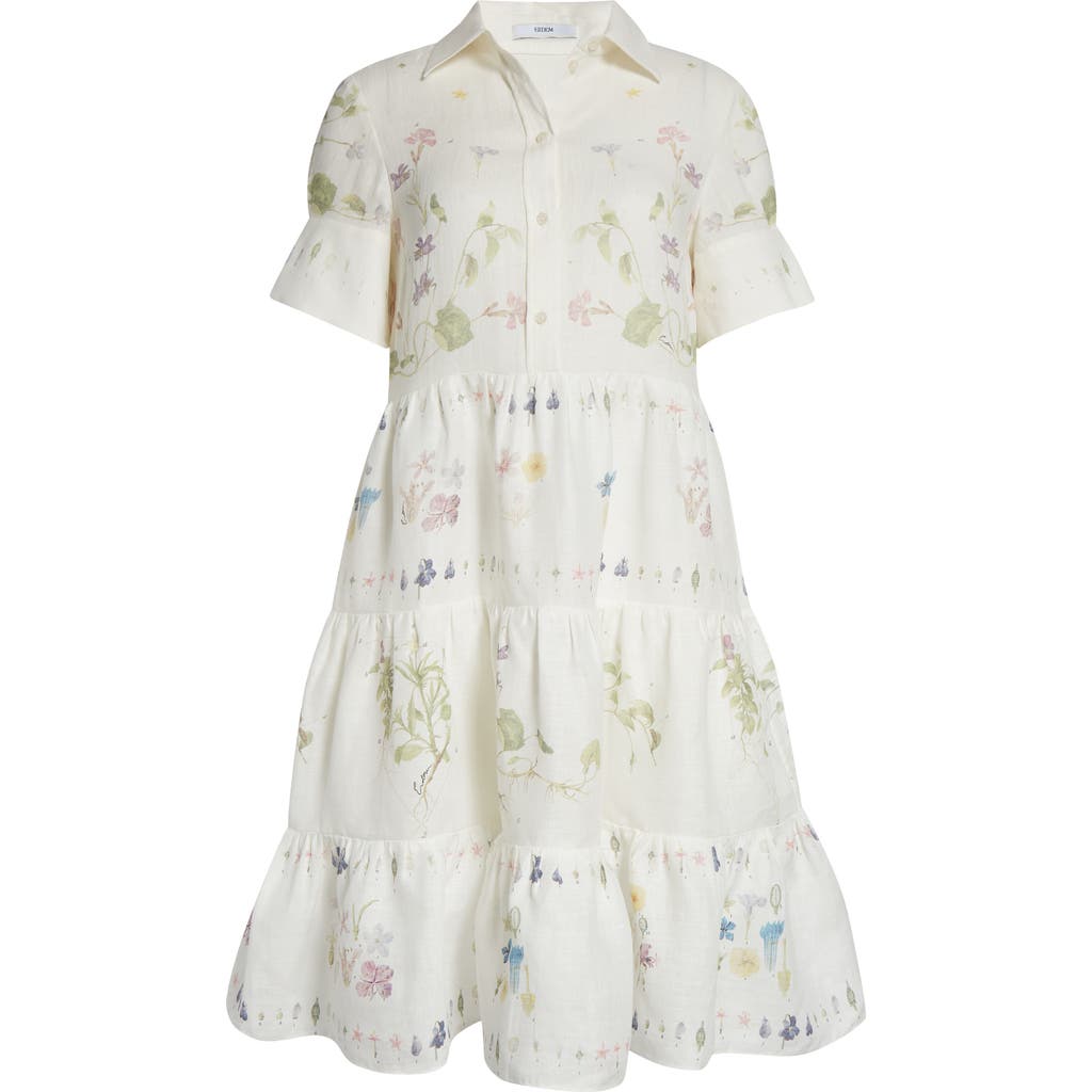 Erdem Tiered Linen Dress With Short Sleeves And Floral Print