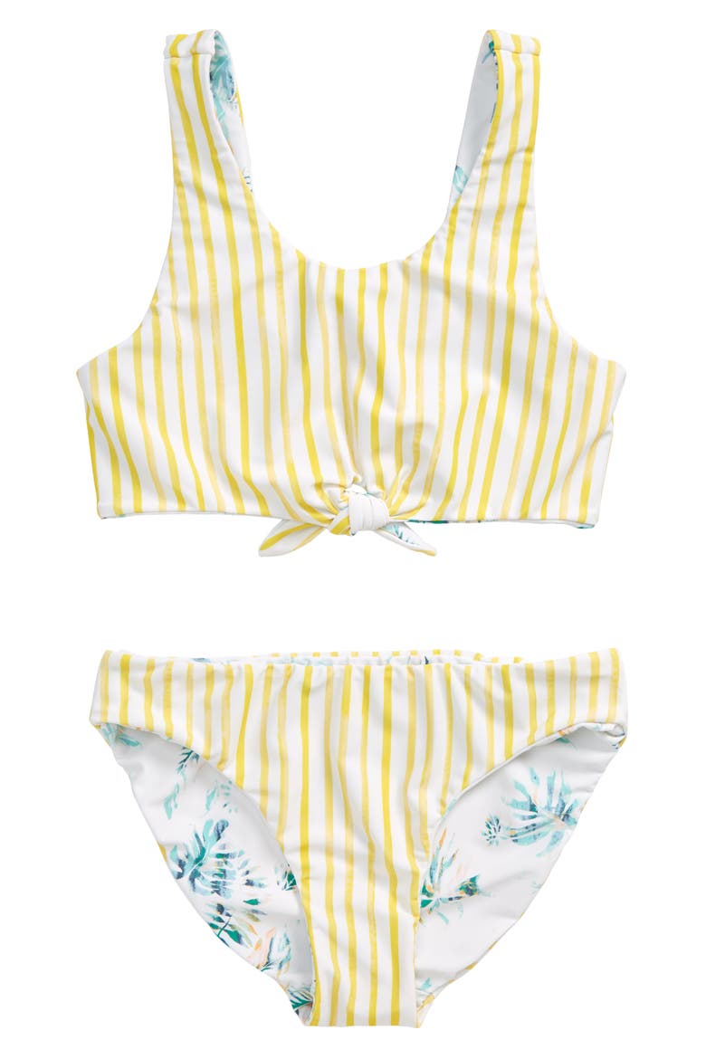 Kids' Tie Front Reversible Bikini, Alternate, color, WHITE TROPICAL PALMS
