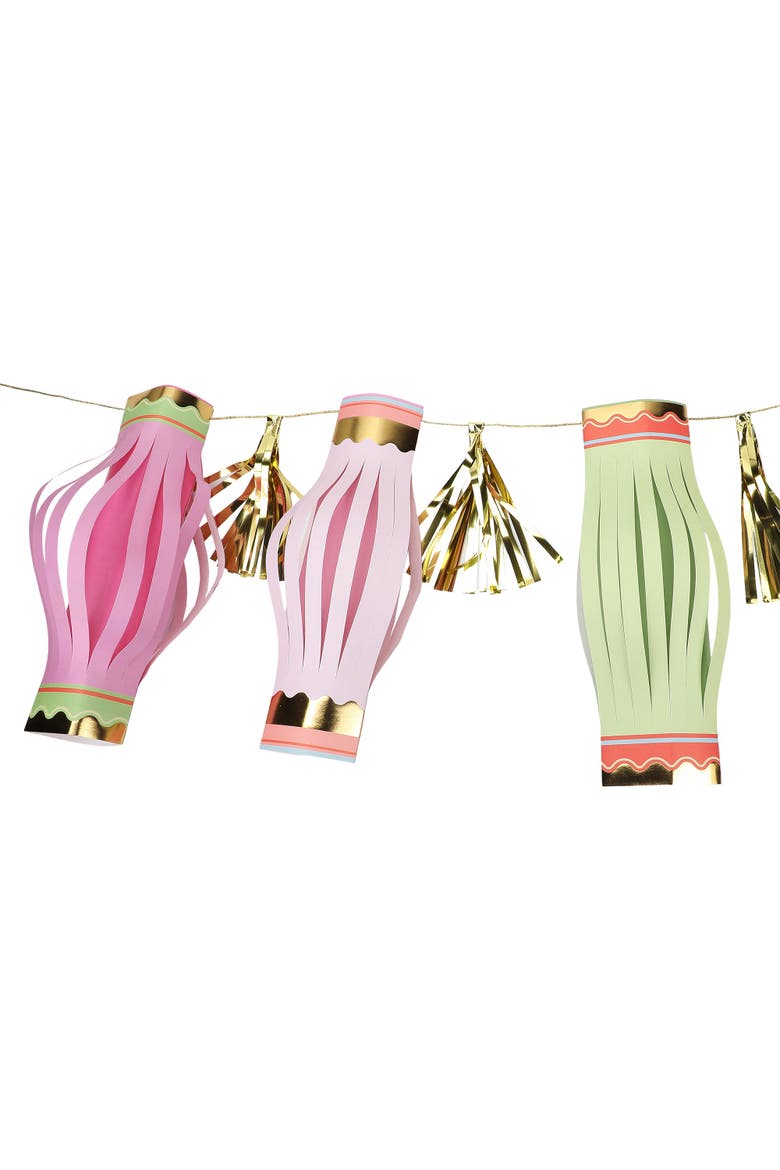 Cabana Club Paper Lantern Garland - 7 Pastel Lanterns with Gold Foil Details, 8 Gold Tassels, and 100-Inch Gold Ribbon, Alternate, color, Multicolor
