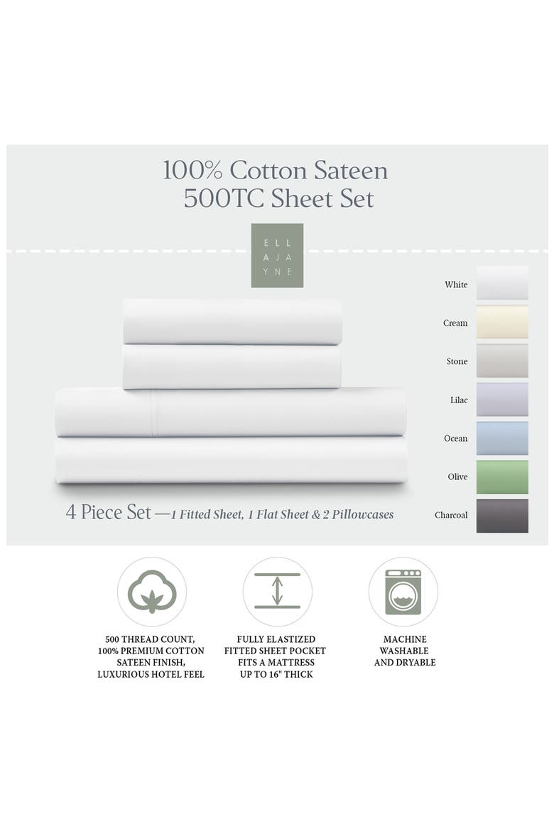 500 Thread Count Cotton Sateen 4-Piece Sheet Set, Alternate, color, WHITE