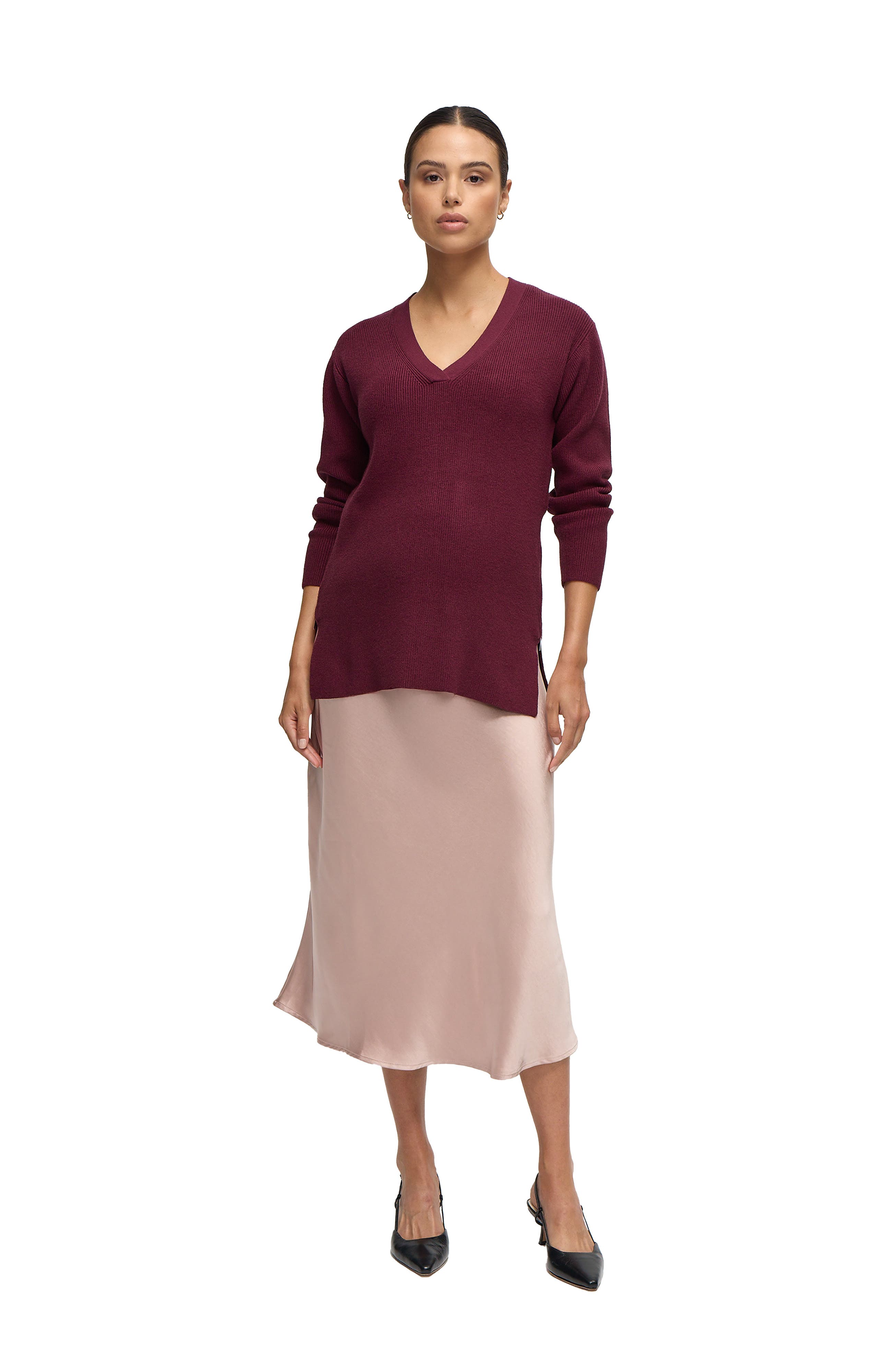 Ingrid & Isabel Maternity Satin Bias Skirt in Dusty Rose 