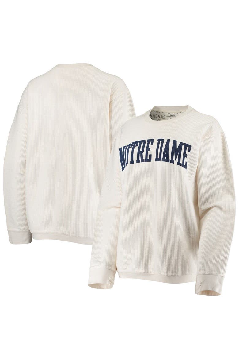 Women's Pressbox White Notre Dame Fighting Irish Comfy Cord Vintage Wash Basic Arch Pullover Sweatshirt, Main, color, White