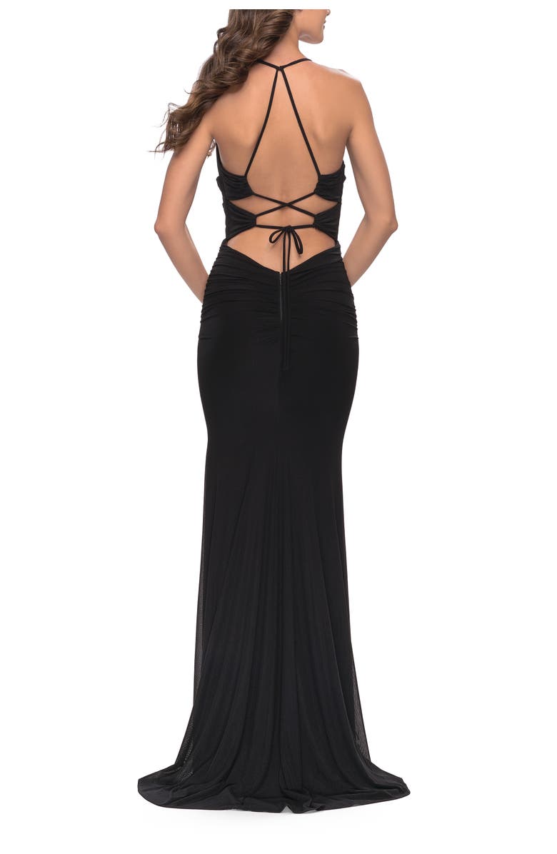 La Femme Unique Cut Out Net Jersey Prom Dress, Alternate, color, Black