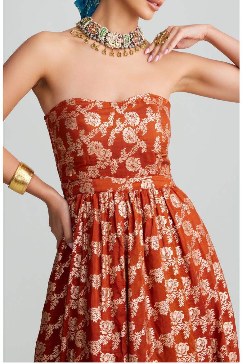 Amber Metallic Embroidery Strapless Gown, Alternate, color, RUST